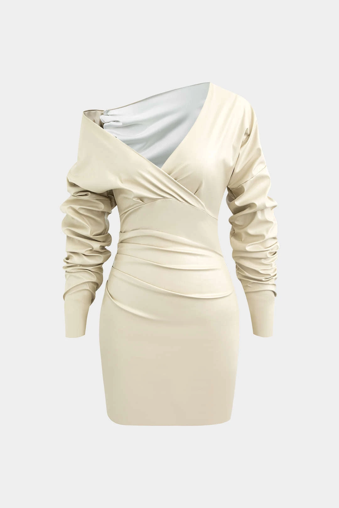 Asymmetric Faux Leather V-neck Gathered Mini Dress 3 Asymmetric Faux Leather V-neck Gathered Mini Dress - Image 3