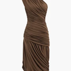 Asymmetrical Sleeveless Ruched Midi Dress