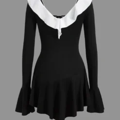 Contrast Ruffle Neck Tie Front Bell Sleeve Mini Dress -Women's Clothing Store 75f1c448 e989 449b bab4 f7e7255285a8