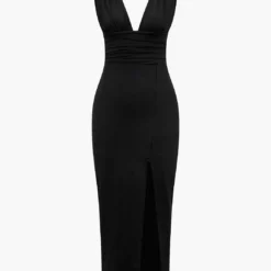 Solid Backless Ruched Slit Midi Dress