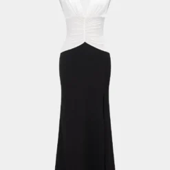 Contrast V-Neck Ruched Slit Sleeveless Midi Dress