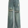 Retro Print Washed Ripped Asymmetrical Jeans