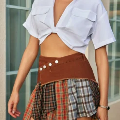 Color Block Print Denim Patchwork Mini Skirt