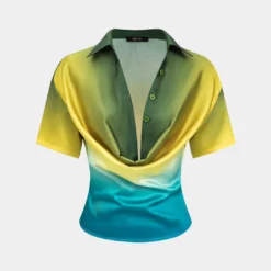 Ombre Print Satin Cowl Neck Short-Sleeve Shirt
