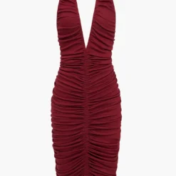 Solid Ruched Backless V-neck Midi Dress