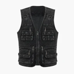 Solid Button Pocket Cargo Denim Vest