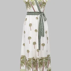 Coconut Palm Branches Leaves Print V-Neck Short Sleeve Maxi Dress