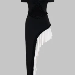 Contrast Asymmetrical Ruched Off Shoulder Maxi Dress