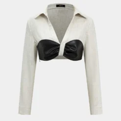 Color Block Faux Leather Linen Ruched Long-Sleeve Shirt