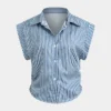 Basic Stripe Print Cap Sleeve Button Shirt