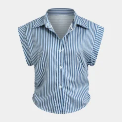 Basic Stripe Print Cap Sleeve Button Shirt