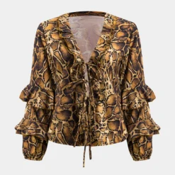 Leopard Print Ruffle Tie Front Long-Sleeve Shirt