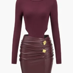 Faux Leather Patchwork Round Neck Ruched Metallic Long Sleeve Mini Dress