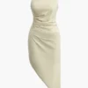Ruched Sleeveless Asymmetric Hem Midi Dress