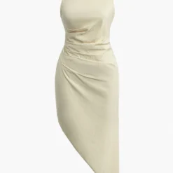 Ruched Sleeveless Asymmetric Hem Midi Dress