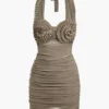 Pleated Mesh Halter Mini Dress