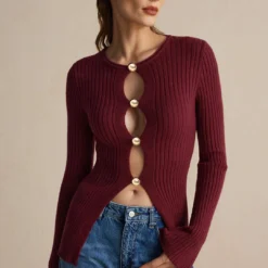 Solid Sweater Button Long-Sleeve Top