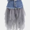 Denim Mesh Patchwork Belted Button Pocket Skirt