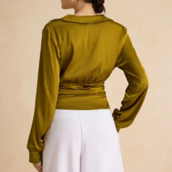 Satin Ruched Tie Front Long-Sleeve Shirt -Women's Clothing Store 7cec144b 31ec 4bb7 ac02 27231d21b48e