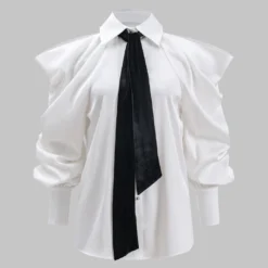 Satin Button Tie Long-Sleeve Shirt With Tie