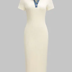 Denim Patchwork Short Sleeve Midi Dress