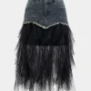 Denim Mesh Patchwork Button Pocket Skirt