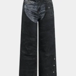 Contrast Denim Button Wide Leg Jeans