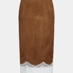 Faxu Suede Lace Patchwork Slit Skirt