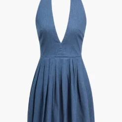 Solid Pleated V-neck Backless Denim Mini Dress
