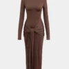 Wrap Ruched High Neck Long Sleeve Maxi Dress