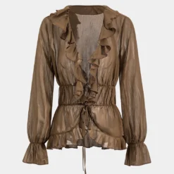 Chiffon Ruffle Ruched Tie Front Long-Sleeve Shirt