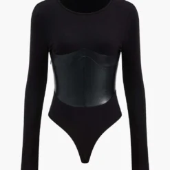 Faux Leather Long Sleeve Patchwork Bodysuit
