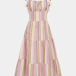 Retro Stripes Print Ruched Patchwork Slip Sleeveless Maxi Dress