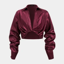 Satin Button Twist Knot Long-Sleeve Shirt