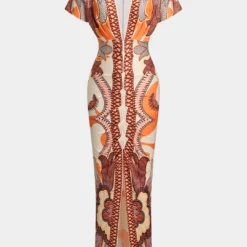 Geometric Leaves Print Ruched Short Sleeve Slit Midi Dress -Women's Clothing Store 84a96e23 c924 41ff 8951 53926610f624