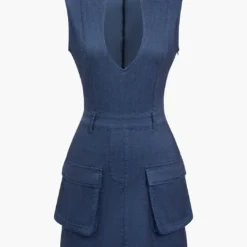 Solid Denim Flap Pocket V-neck Mini Dress