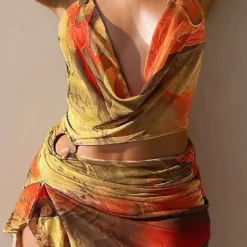 Abstract Print Halter Cowl Neck Slit Mini Dress