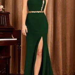 One Shoulder Sequin Slit Maxi Dress