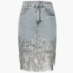 Sequin Fringe Hem Denim Skirt