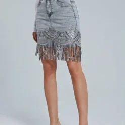 Sequin Fringe Hem Denim Skirt -Women's Clothing Store 867cfb1e ba7c 4ca2 92a6 66ae0022f1d4
