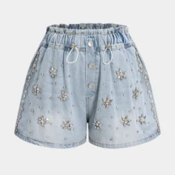 Denim Rhinestone High Waist Shorts