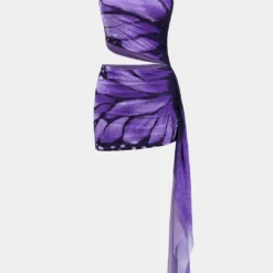 Butterfly Print Mesh Ruched Asymmetrical One Shoulder Mini Dress -Women's Clothing Store 87760430 9094 4c41 827d f71a9b941014