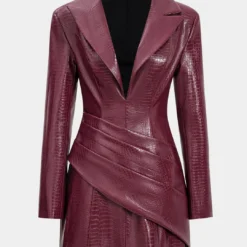 Faux Leather Ruched Long Sleeve V-Neck Mini Dress