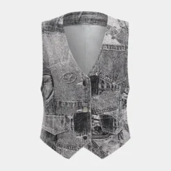 Denim V-Neck Fake Pockets Vest