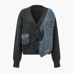 Patchwork Denim Knit Color Block Button Asymmetrical Pocket Cardigan -Women's Clothing Store 889026a8 78f5 490b a945 0621d930227d