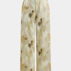Abstract Watercolor Print Satin Ruched Button Pocket Wide Leg Trousers
