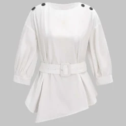 Solid Button Decor Belted Shirt