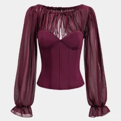 Chiffon Ruched PatchworkTie Front Zipper Bustier Corset Backless Long-Sleeve Top
