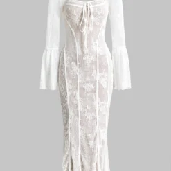 Lace Tie Front Zipper Backless Bustier Bell Sleeve Maxi Dress