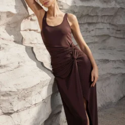 Twist Ruched Slit Sleeveless Midi Dress